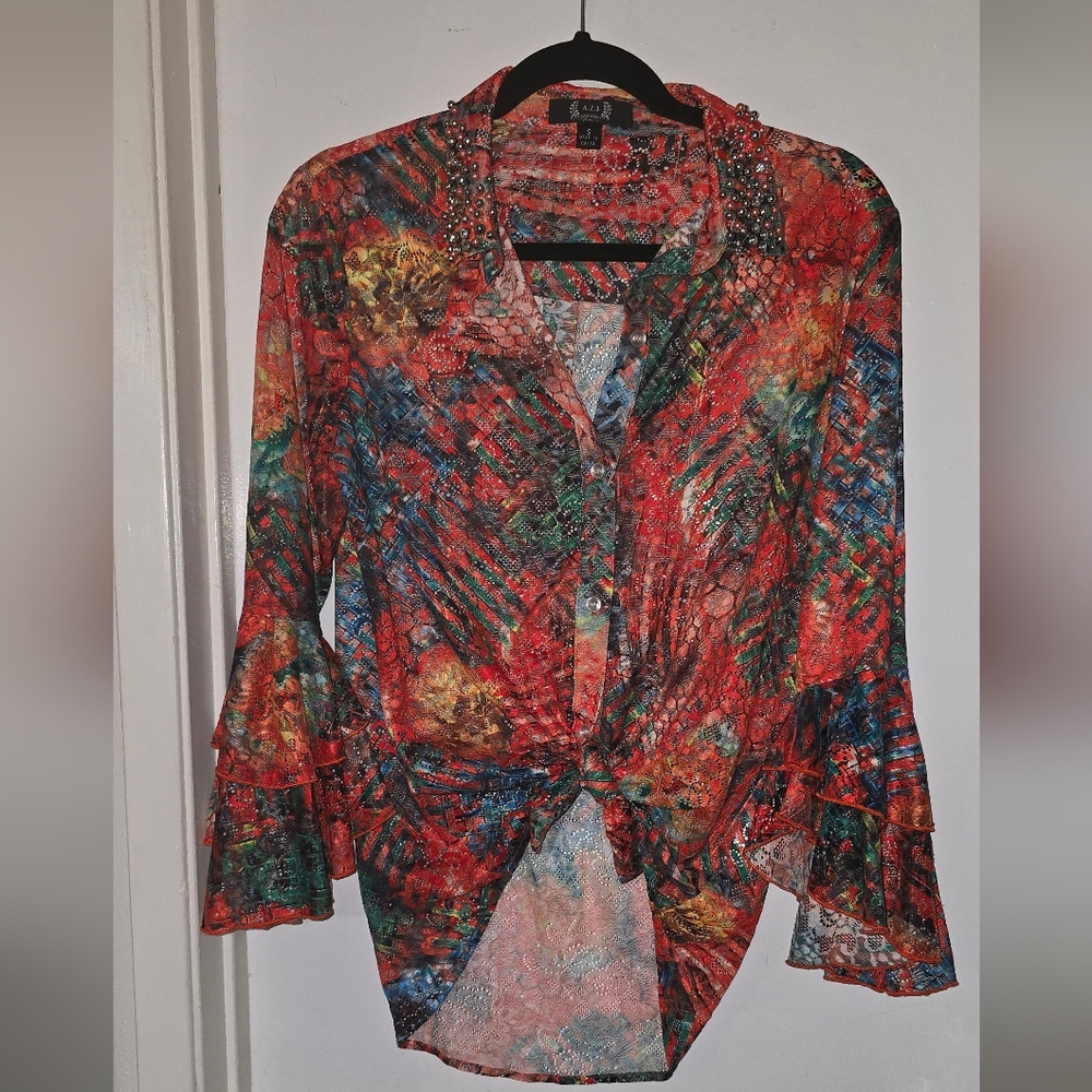 EUC A.Z.I. Colorful Button Down Top with Flared Sleeves Size S